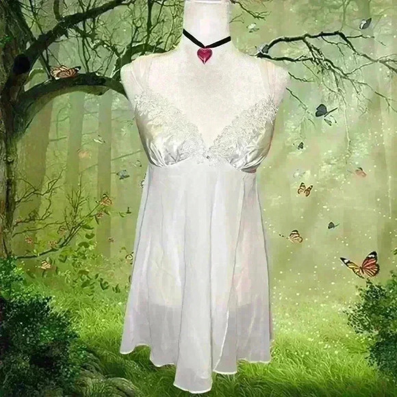 Y2K White Mesh/Satin White Mini Slip Dress By Flora Size XL - Picture 1 of 11